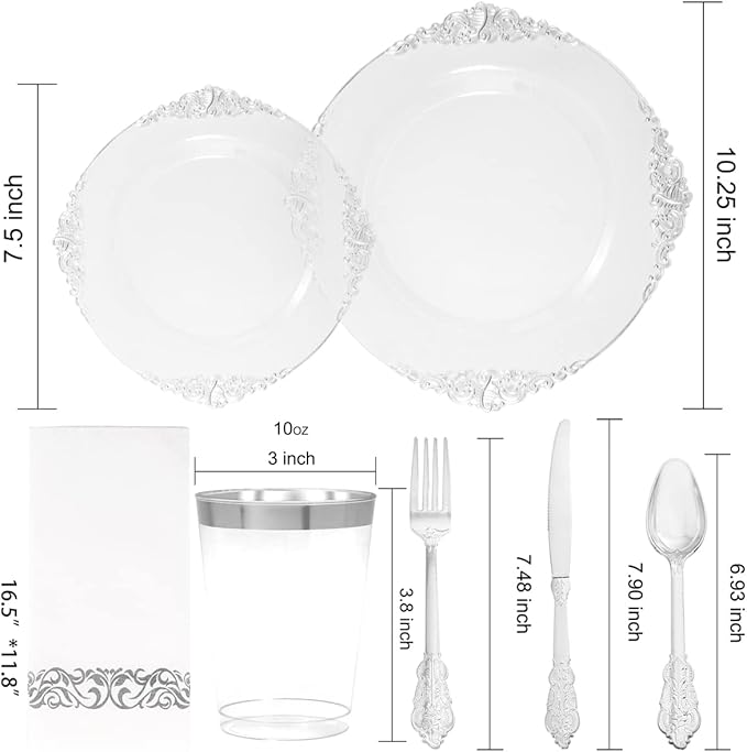 FLOWERCAT 175PCS Clear Silver Plastic Plates -Include 50 Plates, 25 Cups, 25 Forks, 25 Knives, 25 Spoons, 25Napkins for Wedding & Party&New Year