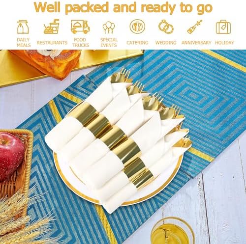 75 Pack Pre Rolled Gold Plastic Silverware Set with Napkin - Image 4