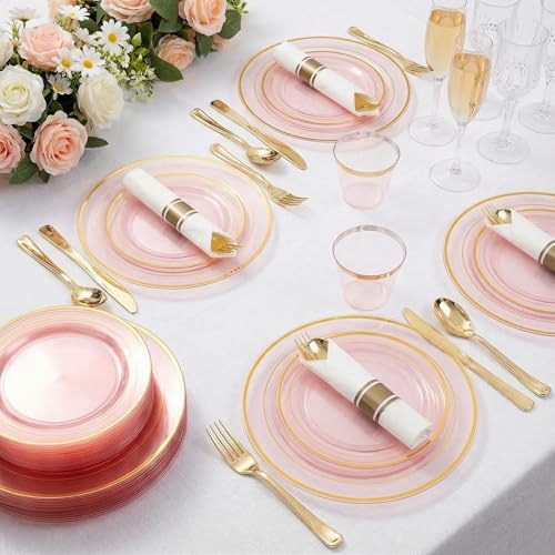 WELLIFE 350Pcs Clear-Pink Plastic Dinnerware- Pink and Gold Plastic Dinnerware include 50 Dinner Plates, 50 Dessert Plates, 150 Gold Silverware, 50 Cups and 50 Napkins Perfect for Parties - Image 3