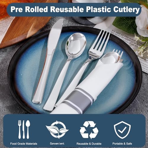 400PCS Pre Rolled Silver Plastic Silverware Sets for Dinners & Weddings - Image 6