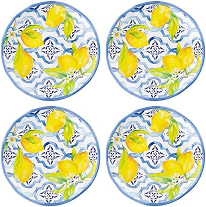 UP Lovely Lemons Melamine Round Dessert Plates, Small Serving Plates, for Appetizer, Snacks, and Side Dishes, Blue and Yellow, 6 Inch, Set of 4 by UPware