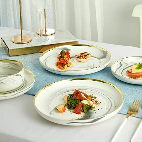 Pokini Marble Gold Rim Dinnerware Sets, Porcelain Plates and Bowls Sets - Image 5