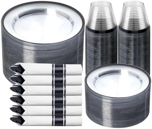 N9R 350PCS Plastic Plates Set Clear & Black for Party & Graduation by N9RTABLEWARE