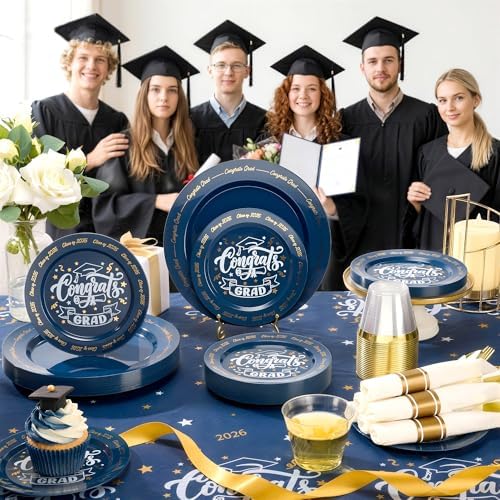 Goodluck 350 Piece Graduation Navy Blue Plastic Dinnerware Set - Image 2
