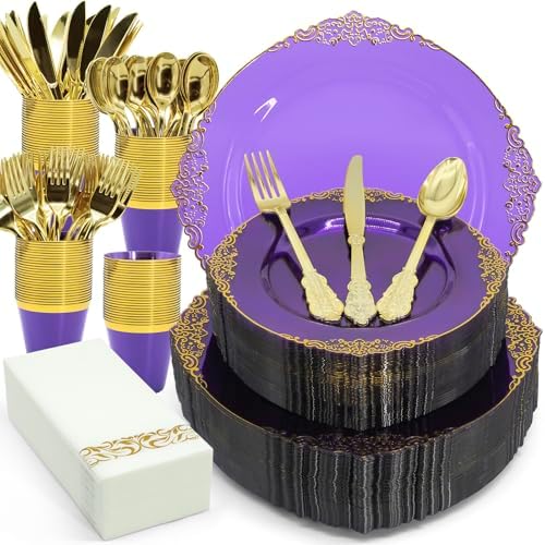 AIRE Purple Gold Plastic Plates Set, 175PCS Disposable Dinnerware for 25 by AIRE