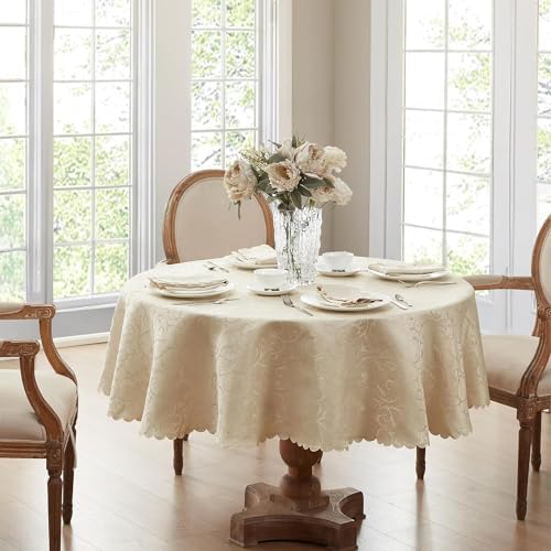 Newbridge Portofino Scalloped Damask Fabric Tablecloth, 90 Inch Round, Linen, Wrinkle and Stain Resistant Fine Dining Holiday Party Table Cover - Image 3
