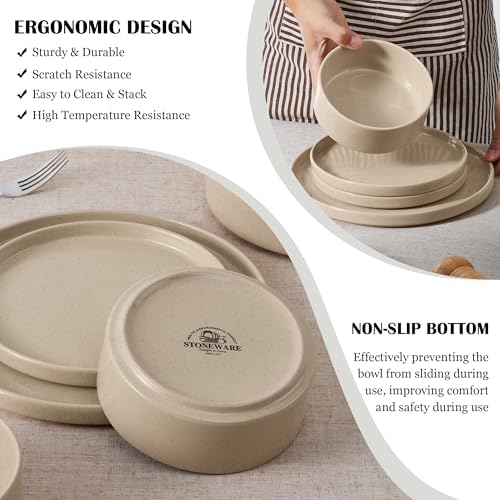 E-far 6-Piece Stoneware Dinnerware Sets, Plates and Bowls Set for 2, Khaki - Image 5