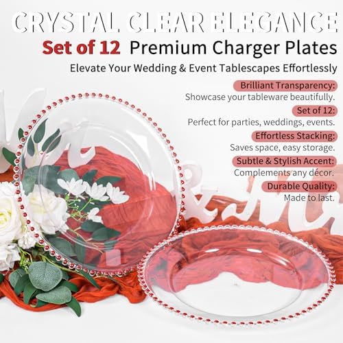 12 Pack Clear Charger Plates Bulk Wedding, 13 Inch Plastic Round Dinner Chargers with Red Beaded Rim, Acrylic Round Decorative Plates for Wedding Party Home and Tabletop Decor (Red) - Image 6