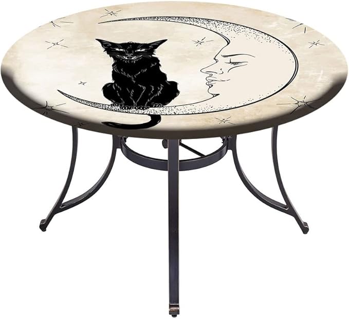 Round Tablecloth, Moon Tablecloth for Side Table, Black Cat Sitting on White Crescent Moon, Fit Round Tables 61inch Diameter, for Restaurant Picnic Indoor and Outdoor Use, Sand Brown Black