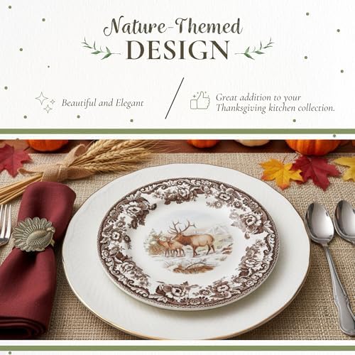 Spode Woodland Elk Salad Plate - American Wildlife Design, British Flowers Border for Rustic Dining, 8 Inch Fine Earthenware - Oven, Microwave, Freezer & Dishwasher Safe, Made in England - Image 3