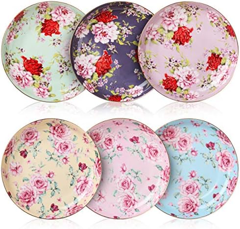 BTaT- Floral Dessert Plates Ceramic, Set of 6, 8 Inch, Assorted Colors with Golden Rim, Deep Porcelain Floral Plates Set of 6, Dishwasher Safe - Image 5