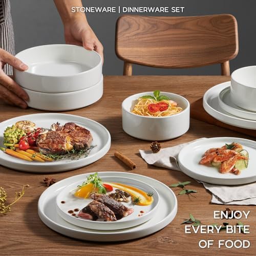 Stoneware Dinnerware Sets for 4 with Pasta Bowl, Onader 16 Piece Plates and Bowls Dish Set, Speckled Kitchen Dishware Dining Ware, Microwave & Dishwasher Safe - Cloud White - Image 6
