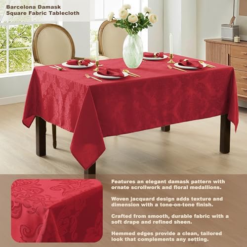 Newbridge Barcelona Damask Fabric Tablecloth, 52 x 52 Inch Square, Red – No Iron, Soil Resistant Table Cover for Dining, Parties and Holidays - Image 3