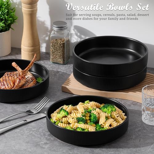 E-far Pasta Bowls Set of 4, 35oz Large Salad Bowl Plate for Dinner Serving Soup, Wide & Shallow Ceramic Stoneware Pasta Plates, Microwave & Dishwasher Safe, Reactive Glaze Texture-Stripe, Matte Black - Image 3