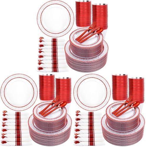 Ciaell 350 PCS Clear and Red Plastic Plates – Red Dinnerware Set for 50 Guests Include 100 Plastic Plates, 50 Pre Rolled Napkins with Cutlery Set, 50 Cups for Wedding (Pack of 3) by Ciaell