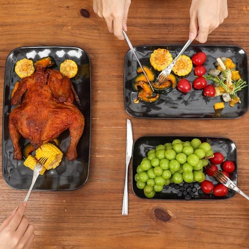 vicrays Ceramic Rectangle Serving Platters - 14" 12" 10" Porcelain Serving Trays Plates for Party BBQ Appetizers Sushi Dessert - Microwave Oven and Dishwasher Safe - Set of 3 Bright Black - Image 5