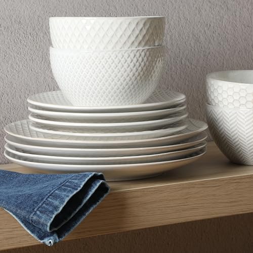 Gibson Elite Oyster Tide Embossed 12 Piece (Service for 4) Plates and Bowls Reactive Glaze Round Dishes Stoneware Ceramic Dinnerware Set, White - Image 7