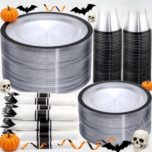 I00000 350Pcs Black Plastic Dinnerware Set,Disposable Plates for 50 Guests by I00000