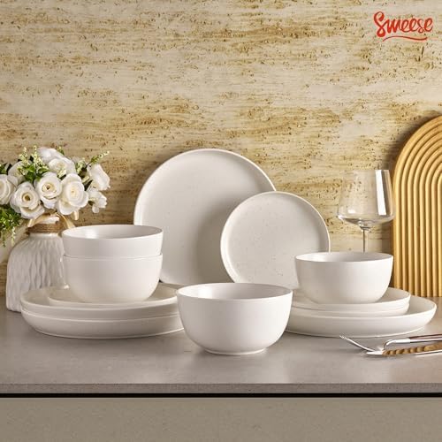 Sweese Dinnerware Sets Service for 4, 12 pcs Matte Speckled Glaze Plates and Bowls Sets, Handmade Ceramic Dish Set, Highly Chip and Crack Resistant Modern Plate Set, White - Image 7