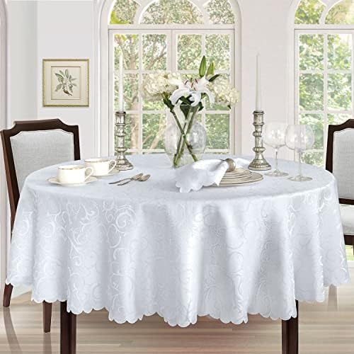 Newbridge Portofino Scalloped Damask Fabric Tablecloth, 60 x 102 Inch Oval, White, Wrinkle and Stain Resistant Dining Room Party Banquet Table Cover by HomeBargainsPlus