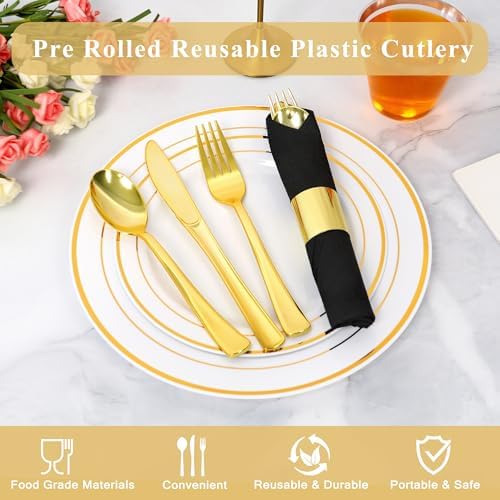 50 Pack Pre Rolled Gold Plastic Silverware Set with Napkins - Image 3
