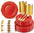 Liacere 175PCS Red Plastic Plates - Red Disposable Plates With Gold Rim -25Guest Baroque Plastic Dinnerware include 50Plates-25Pack Pre Rolled Napkins with Silverware 25Cups for Independence Day by Liacere