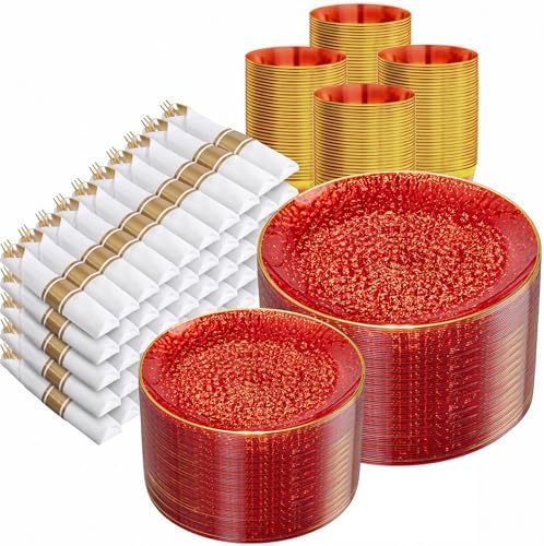 Rubtlamp 700Pcs Red Gold Plastic Dinnerware Set, Hammered Red Gold Plates, Fancy Plastic Plates Include 100 Dinner Platos, 100 Salad Platos, 100 Cups,100 Pack Pre Rolled gold plastic Silverware by Rubtlamp