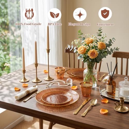 Rubtlamp 700Pcs Amber Gold Plastic Dinnerware Set, Hammered Clear Gold Plates, Fancy Plastic Plates Include 100 Dinner Platos, 100 Salad Platos, 100 Cups,100 Pack Pre Rolled gold plastic Silverware - Image 3
