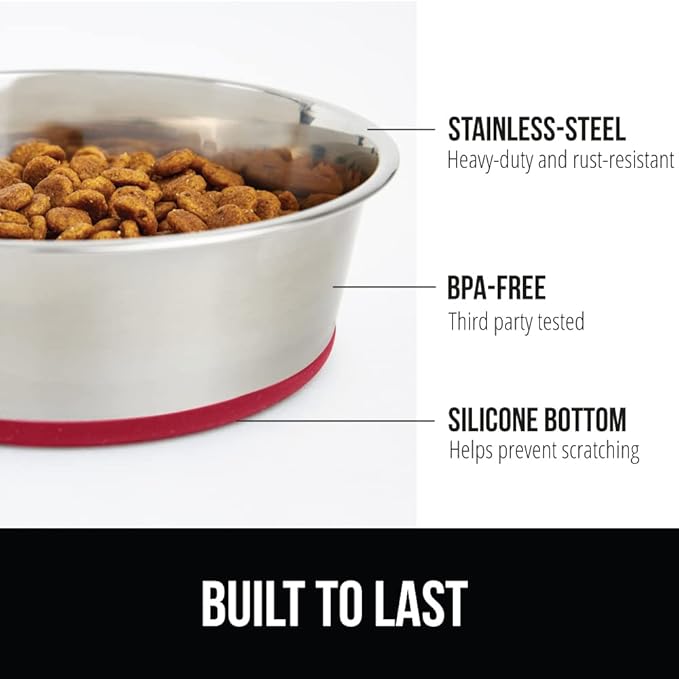 GORILLA GRIP Set of 2 Dog Bowls, Holds 4 Cups (32 fl oz), Heavy Duty Metal Food and Water Bowl for Feeding Dogs and Cats, Dishwasher Safe, Rust Resistant Stainless Steel, BPA Free Rubber Base, Red