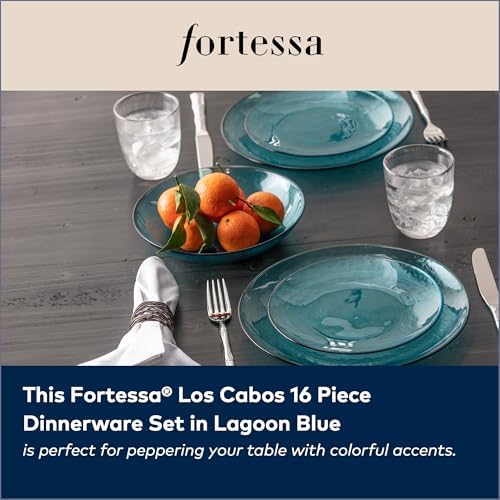 FORTESSA Los Cabos Tableware, 16-Piece Glass Dinnerware Set with 4 Dinner Plates, 4 Salad Plates, 4 Coupe Bowls and 4 Cereal Bowls, Dishwasher-Safe Glass Plate Set, Lagoon Blue - Image 3