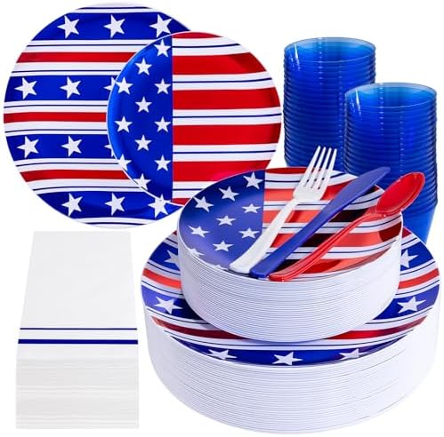 Festiva 175Pcs 4th of July Plates & Red White Blue Disposable Plastic Silverware &Clear Blue Cups-American Flag Patriotic Party Supplies for,4th of July&Memorial Day by Festiva
