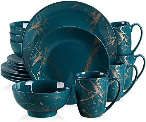 LOVECASA Porcelain Dinnerware Sets for 4, 16 PCS Plates and Bowls Set, Color Glaze with Gold Plate Dish Set, Dinner Sets with Dinner Plates, Dessert Plate, Bowls and Mugs, Dark Green by LOVECASA
