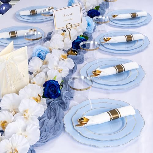 Liacere 175PCS Bule Plastic Plates - Disposable Ligh Bule and Gold Plates - Baroque Plastic Dinnerware 50Plates, 25Pack Pre Rolled Napkins with Silverware 25Cups for Baby Shower Party & Wedding - Image 2