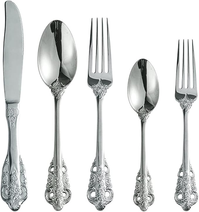 Silverware Set for 10 Premium 18/10 Stainless Steel Flatware Set Palace Style 50 Piece Cutlery Tableware Utensils Embossed Decorative Handle Knives Forks and Spoons for Home Christmas Wedding