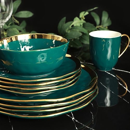 Stone Lain Florian Modern Porcelain Dish Set, 32-Piece Dishes for 8, Gold and Green (Porcelain Dinnerware Set) - Image 4