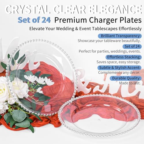 24 Pack Clear Charger Plates 13 Inch Acrylic Round Dinner Chargers with Silver Beaded Rim, Plastic Round Decorative Plates for Kitchen Wedding Party Home and Tabletop Decoration - Image 2