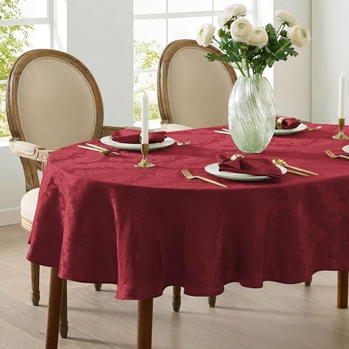 Newbridge Barcelona Damask Fabric Tablecloth, 60 x 84 Inch Oval, Burgundy – No Iron, Soil Resistant Table Cover for Dining, Parties and Holidays - Image 6