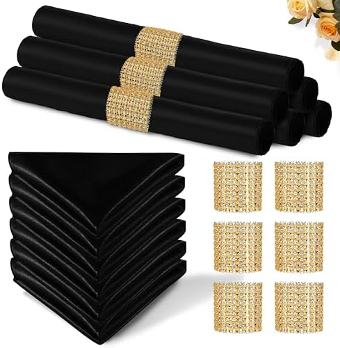 Black Satin Napkins and Napkin Rings Set, 100 Pack, 12 x 12 Inch by Eychei