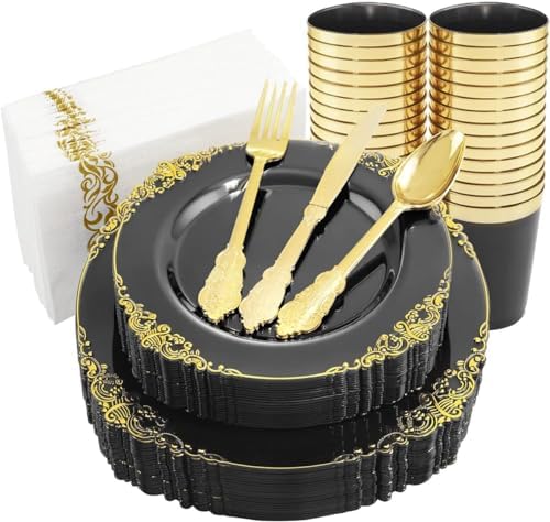 Nervure 175Pcs Black Plastic Plates, Plastic Dinnerware Set for 25 Guests by Nervure