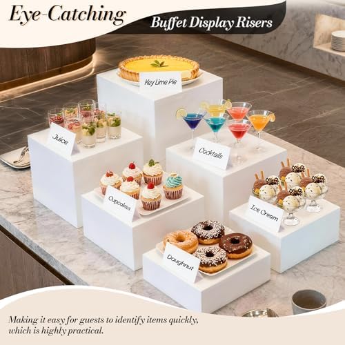 6 Pcs Buffet Risers with Mini Sign and Maker, Food Risers Display Stands for Buffet Table Party Catering Dessert Jewelry Collectibles, Nesting Cube Boxes with Hollow Bottoms (8",7",6",5",4",3") - Image 3
