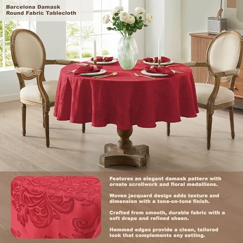 Newbridge Barcelona Damask Fabric Tablecloth, 90 Inch Round, Red – No Iron, Soil Resistant Table Cover for Dining, Parties and Holidays - Image 3