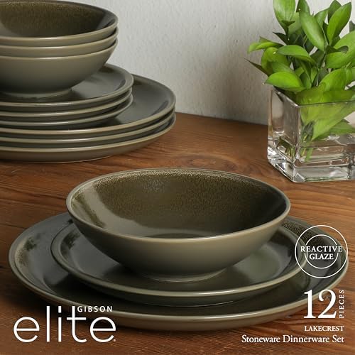 Gibson Elite 12 Piece (Service for 4) Lakecrest Plates and Bowls Reactive Glaze Round Dishes Stoneware Ceramic Dinnerware Set - Dark Green - Image 2