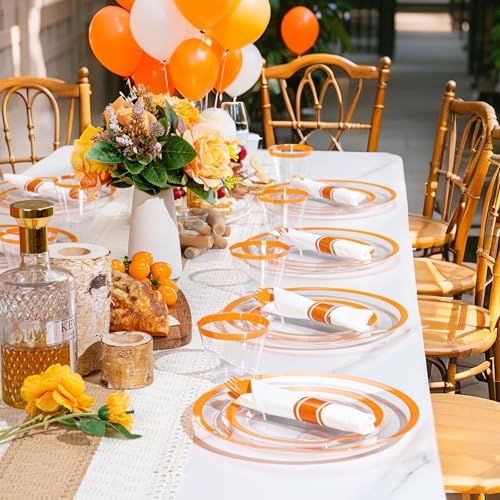 I00000 210 Pcs Clear Orange Plastic Dinnerware Set, Fancy Disposable Plates - Image 4