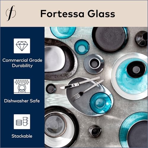 FORTESSA Los Cabos Tableware, 16-Piece Glass Dinnerware Set with 4 Dinner Plates, 4 Salad Plates, 4 Coupe Bowls and 4 Cereal Bowls, Dishwasher-Safe Glass Plate Set, Lagoon Blue - Image 2