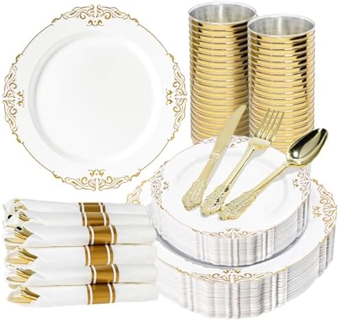 350PCS Gold Plastic Plates, Dinnerware Sets for 50 Guests by Unknown