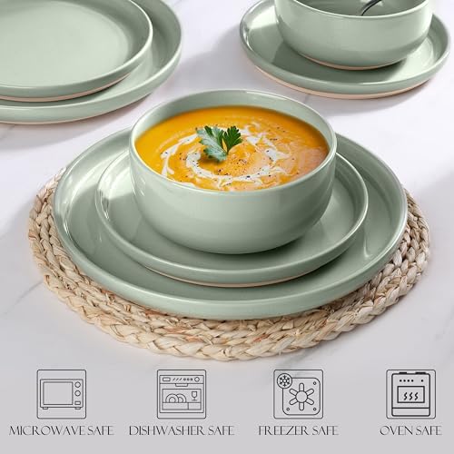 LIANYU Porcelain Dinnerware Set for 2, 6 PCS Stoneware Dinner Plates and Bowls, Ceramic Dining Dishes Set for Dessert Salad Pasta, Microwave & Dishwasher Safe, Fog Green - Image 5