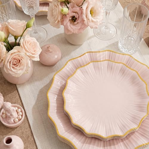 Rubtlamp 60Pcs Pink Plastic Plates - Pink Scalloped Plates with Gold Trim - 30 Dinner & 30 Dessert Platos, Heavy-duty Gold Plates for Party, Wedding&Mother’s Day (30 Guests) - Image 3