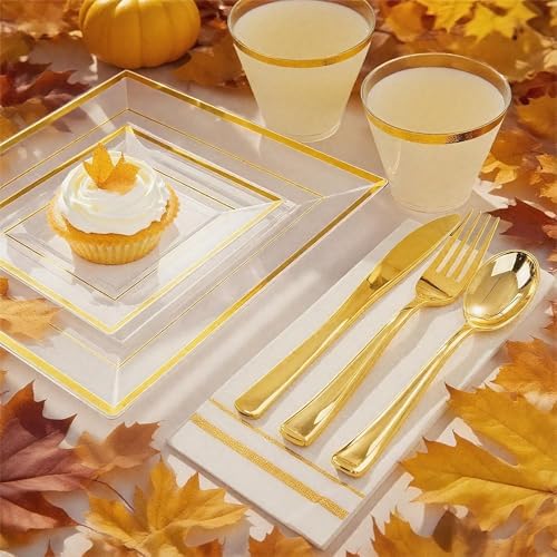 Festiva 350Pcs Clear Plastic Plates with Gold rim - Clear Gold Disposable Dinnerware for 50 Guests include Square Plastic Plates/Cups/Cutlery/Napkins Perfect for Birthday Party&Wedding - Image 6