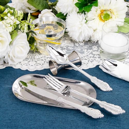 Liacere 175pcs Silver Plastic Plates - White and Silver Disposable - 25guest Baroque Plastic Dinnerware include 50Plates, 25Pack Pre Rolled Napkins with Silverware 25Cups for Wedding&Party&Easter Day - Image 6