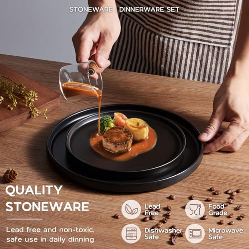 Onader 16 Piece Dinnerware Sets with Serving Bowls for 4, Stoneware Plates and Bowls Dish Sets, Ceramic Dinner Ware Dishware for Kitchen Dining, Chip & Scratch Resistant - Ebony Black - Image 3